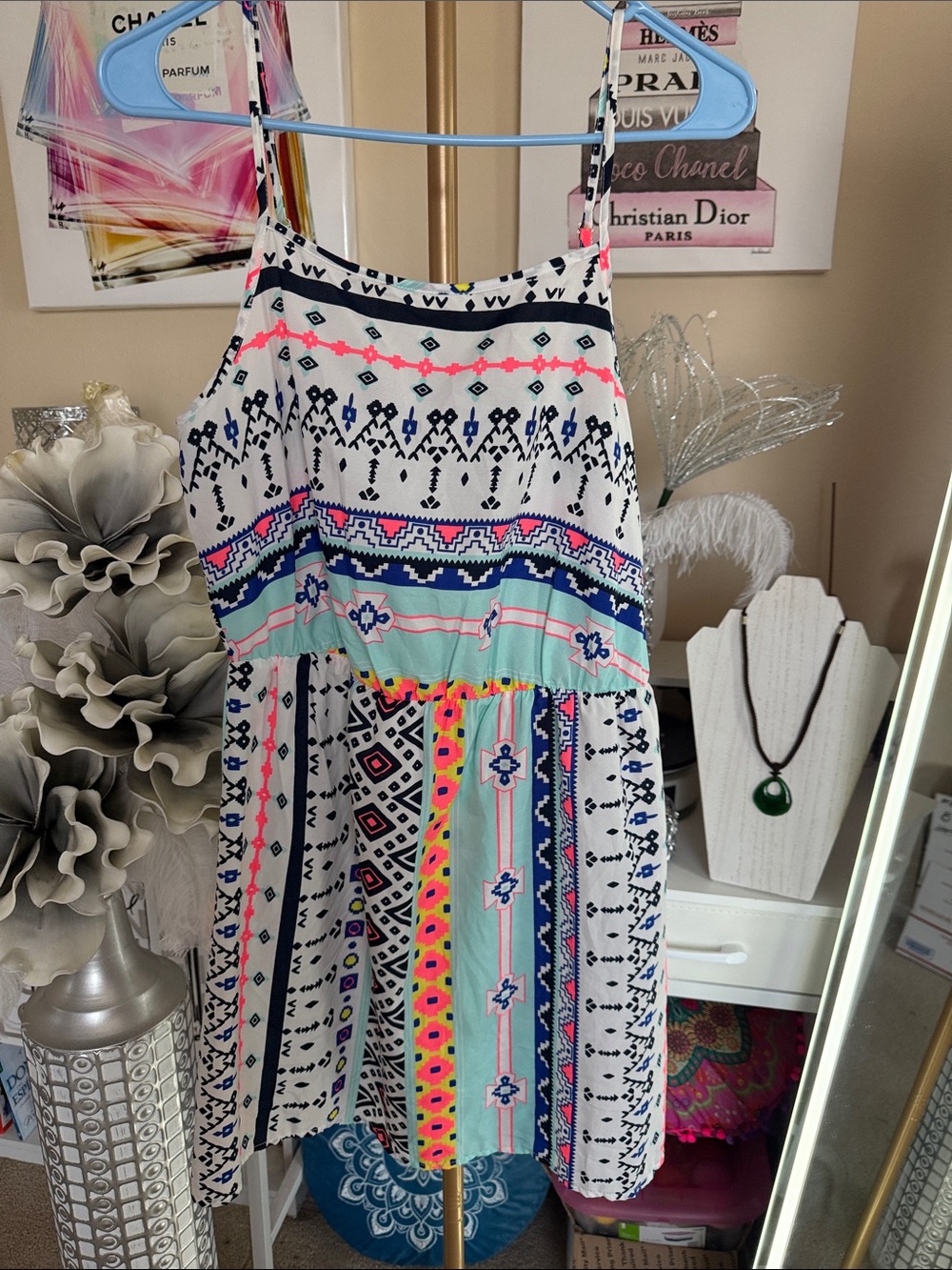 Boho Printed Strappy Sundress in White with Bright Multi-Color Accents
